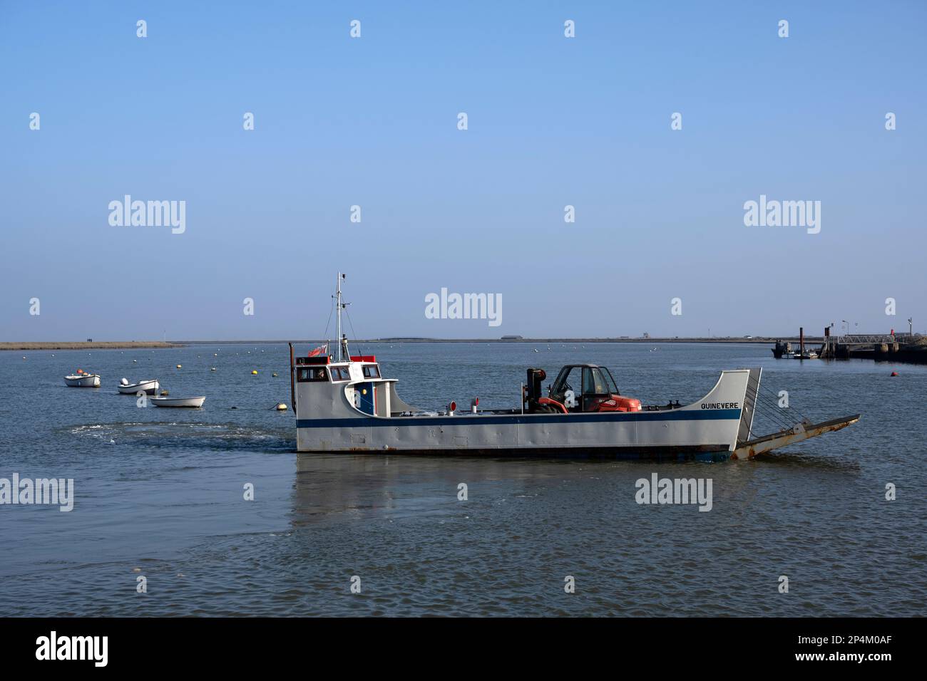 Landing craft used to transport equipment from Orford to Orfordness across the river Ore, Suffolk, UK. Stock Photo