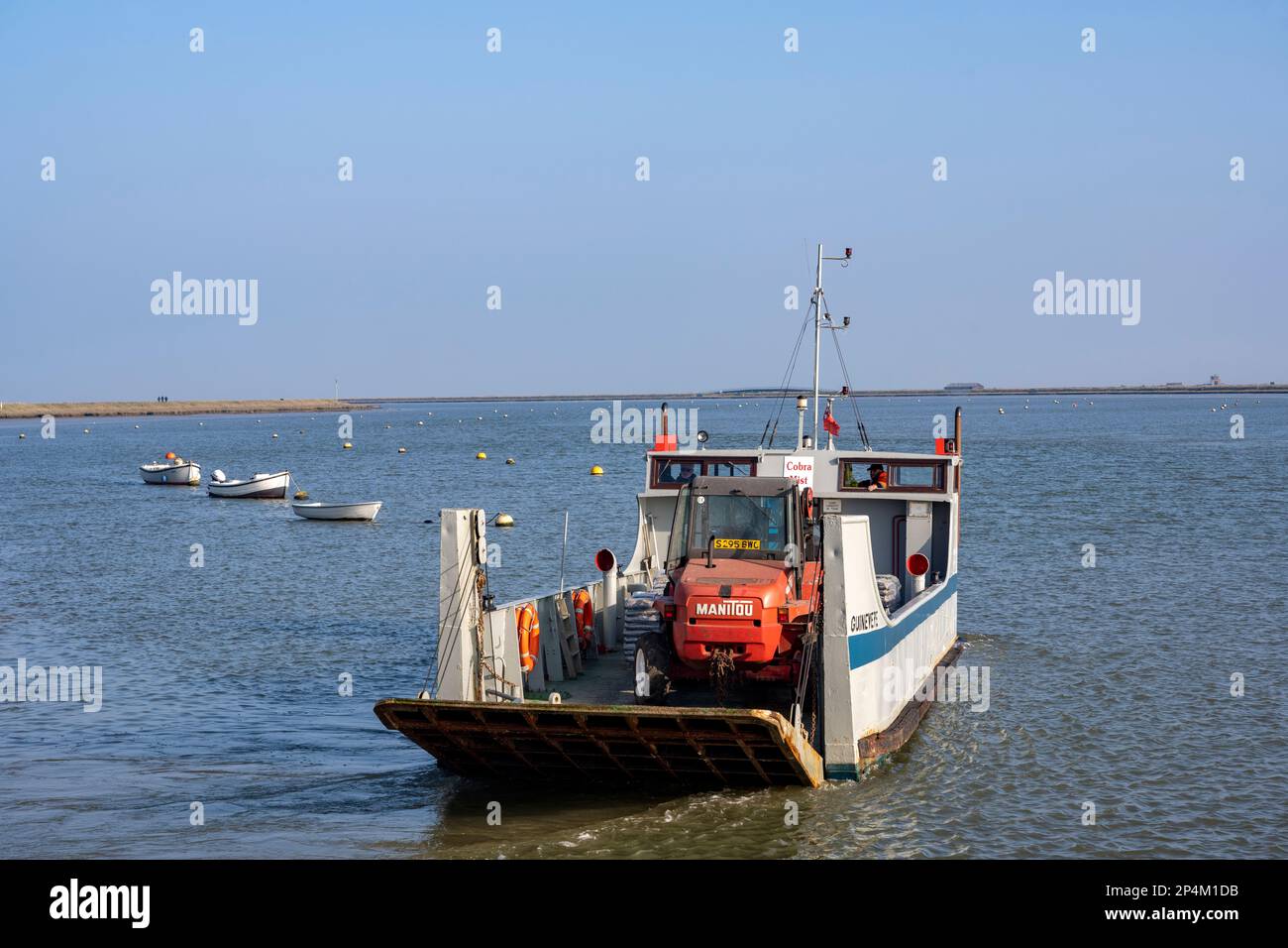 Landing craft used to transport equipment from Orford to Orfordness across the river Ore, Suffolk, UK. Stock Photo