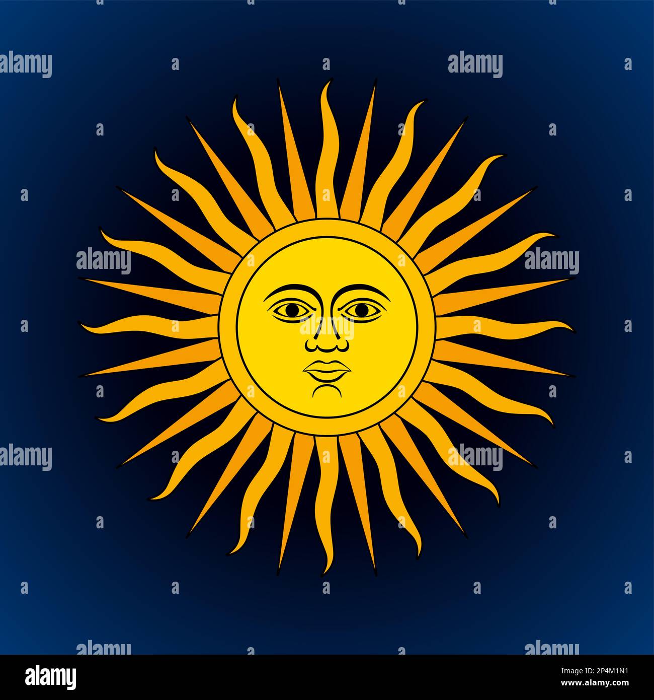 Sun symbol on dark blue background. Analogue to the Sun of May, a national emblem of Argentina and Uruguay. Radiant golden yellow solar disk. Stock Photo