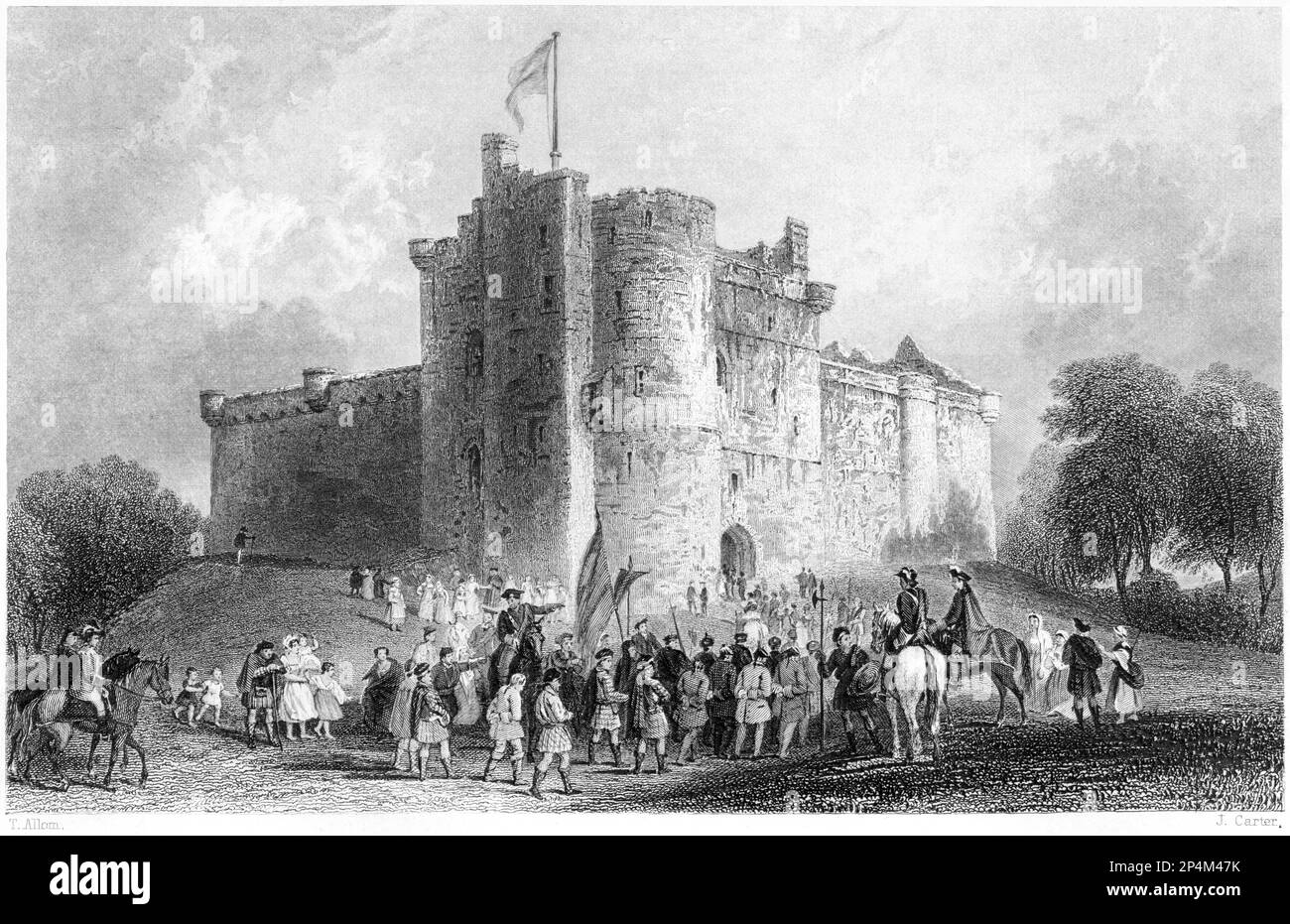 An engraving of the Castle of Doune (Prince Charles Stuart. Disposal of his Prisoners after tha Battle of Falkirk AD 1746) from a book of 1840. Stock Photo