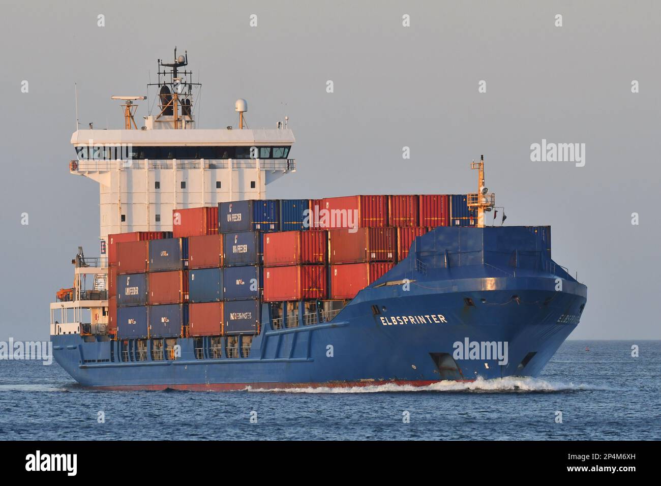 Containership ELBSPRINTER navigating the KIel Fjord Stock Photo
