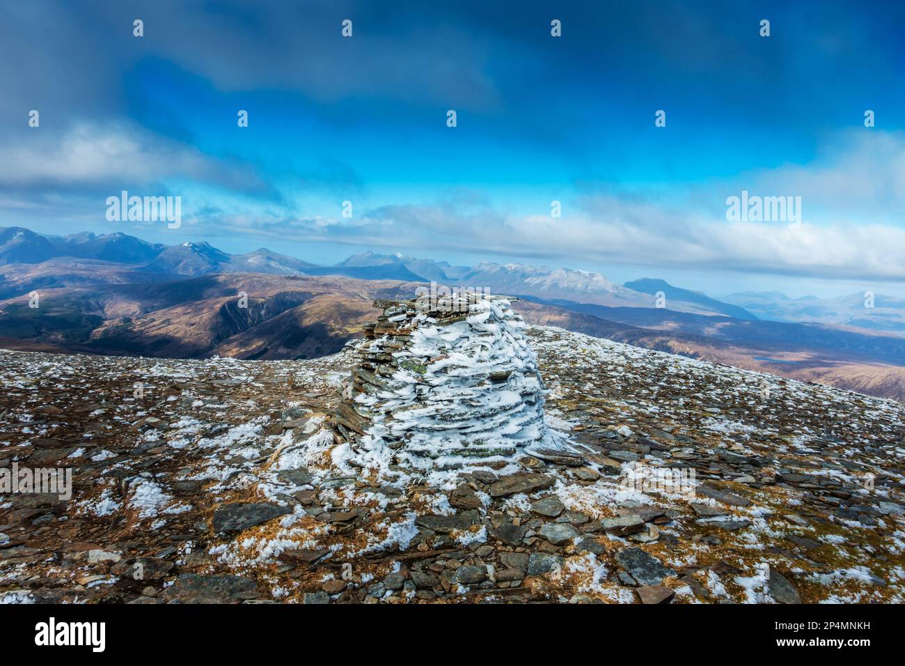The summit cairn of the scottish Munro mountain of Moruisg Stock Photo