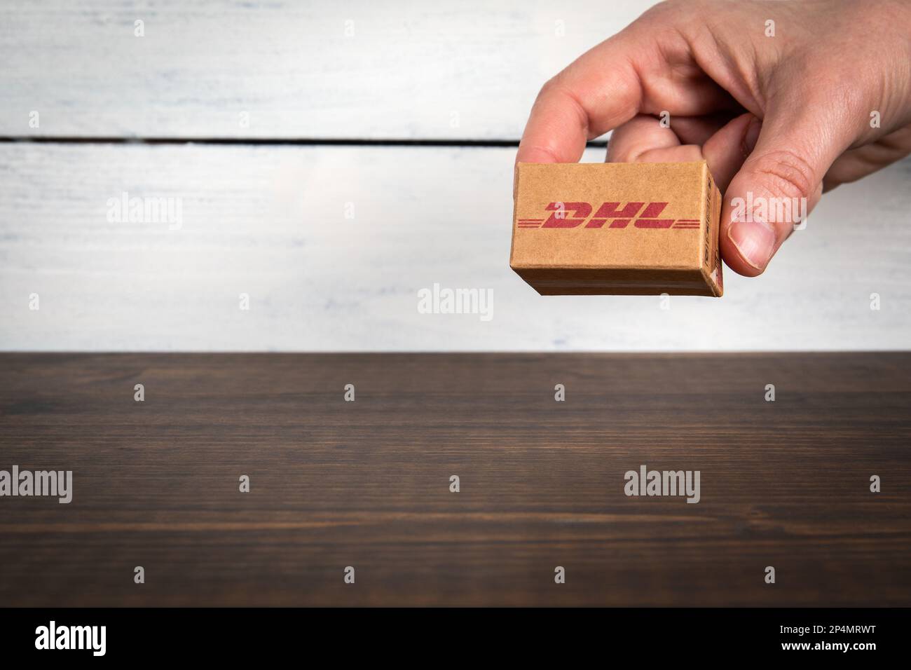 Sigulda, Latvia February 5, 2023 DHL cardboard packaging boxes. Mail