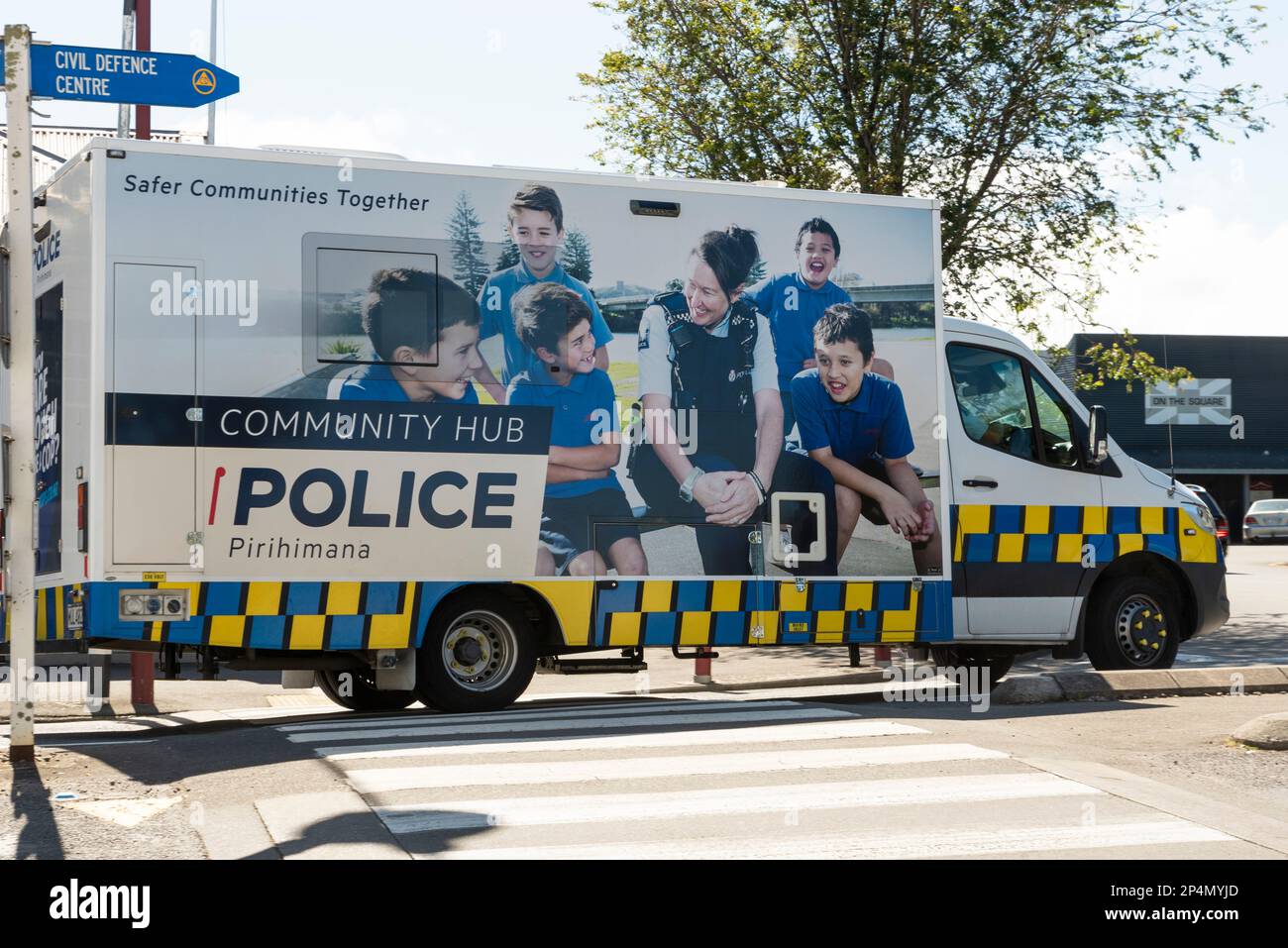 New Zealand Police Community Hub van driving through Martinborough, New Zealand. Mobile unit used to promote policing in rural areas Stock Photo