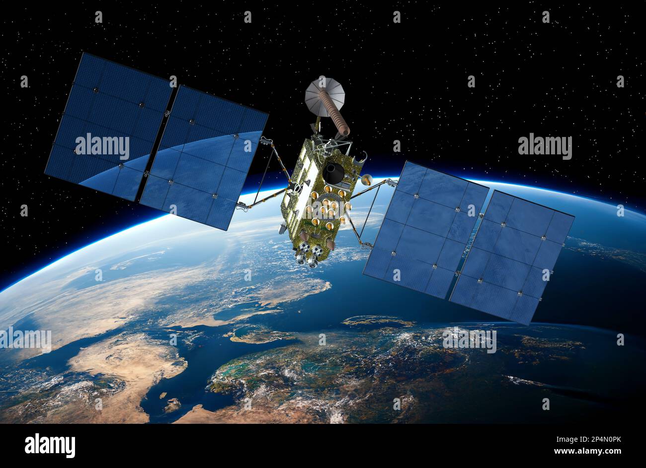 Modern navigation satellite satellite at the Earth orbit. 3d rendering ...