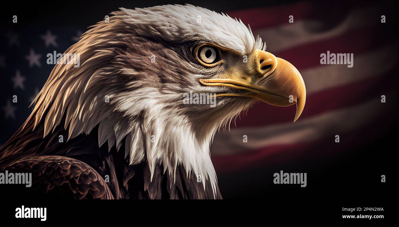 Eagle portrait on american flag. Generative Ai image Stock Photo