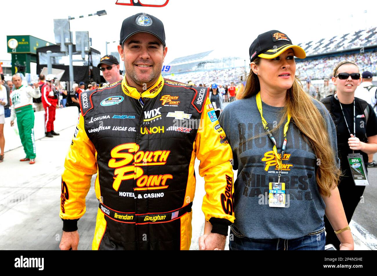 Brendan Gaughan and his wife Tatum during the NASCAR Nationwide Series DRIVE4COPD 300 auto race at