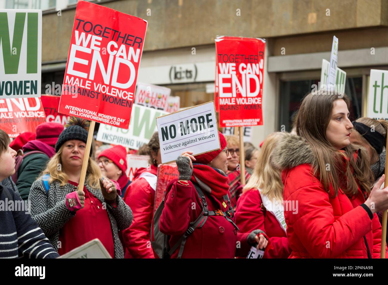 'No More Violence agains Women' placard, 'Million Women Rise'  annual march against violence against women, London, UK 04/03/2023 Stock Photo