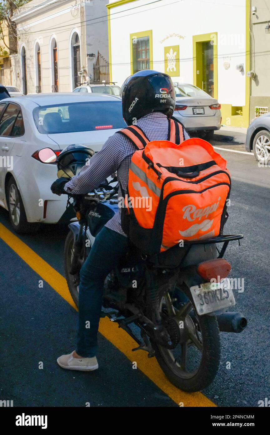 Rappi food delivery by motorcycle, Merida Mexico Stock Photo