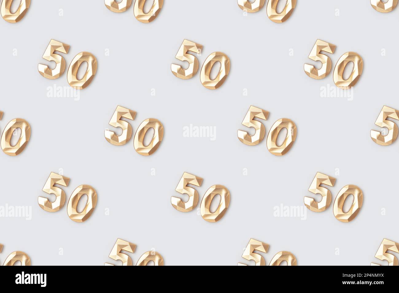 Pattern made of gold colored number fifty on a blue background. Stock Photo