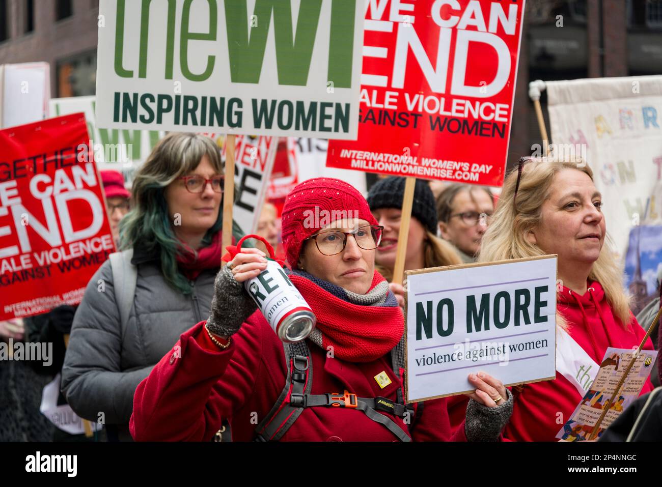 'No More Violence agains Women' placard, 'Million Women Rise'  annual march against violence against women, London, UK 04/03/2023 Stock Photo