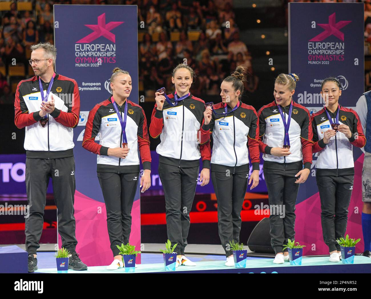 European Championships Munich 2022: Artistic Gymnastics. Elisabeth Seitz, Kim Bui, Pauline Schäfer, Sarah Voss, Emma Malewski. Germany, Bronze Medal. Stock Photo