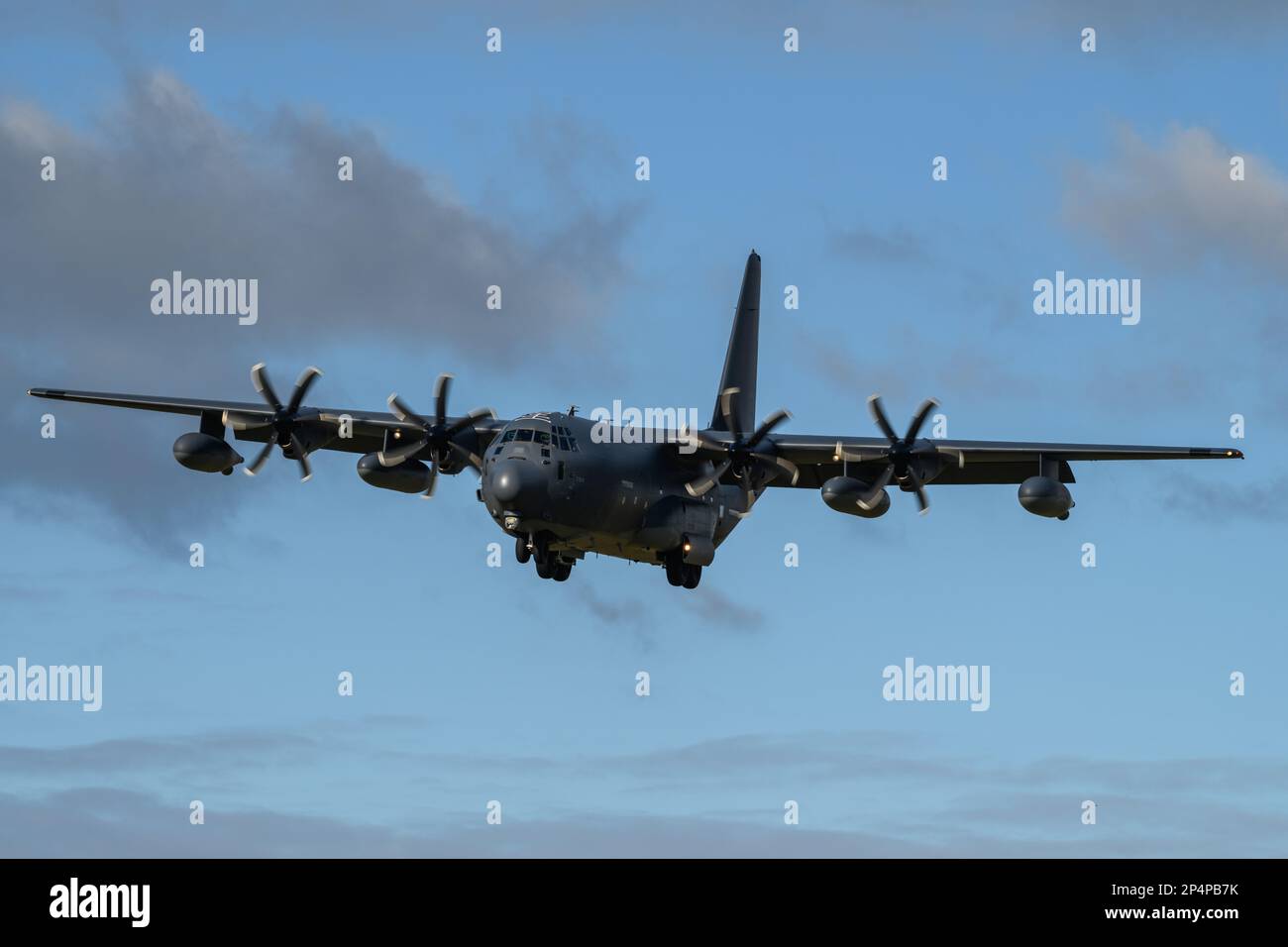 RAF Valley, Holyhead, Wales on March 2 2023. US Air Force C-130 Hercules transport aircraft landing Stock Photo