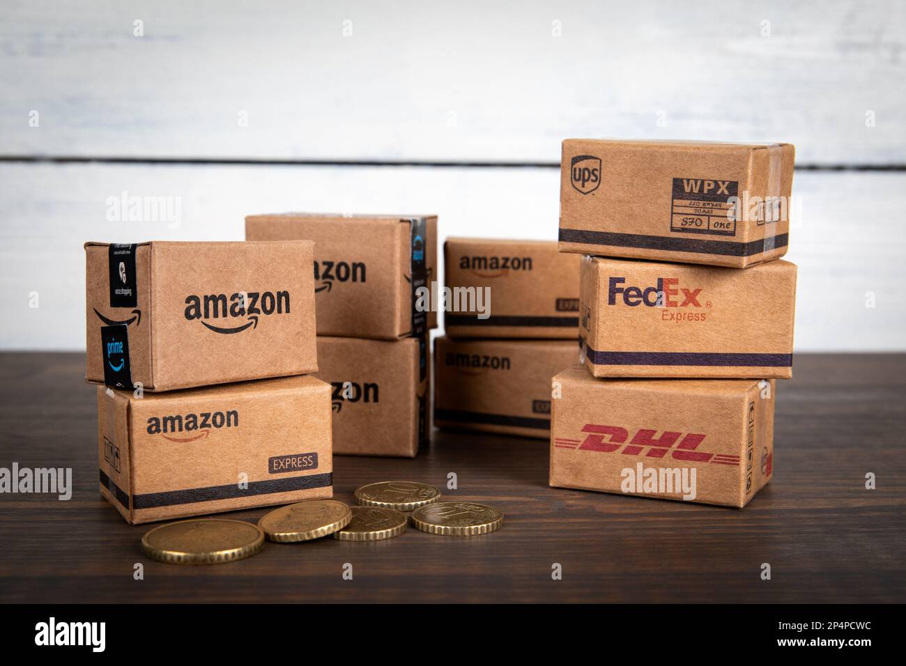 Sigulda, Latvia - February 5, 2023: FedEx Express Amazon UPS DHL cardboard  packaging boxes in stack. Mail and parcel delivery Stock Photo - Alamy