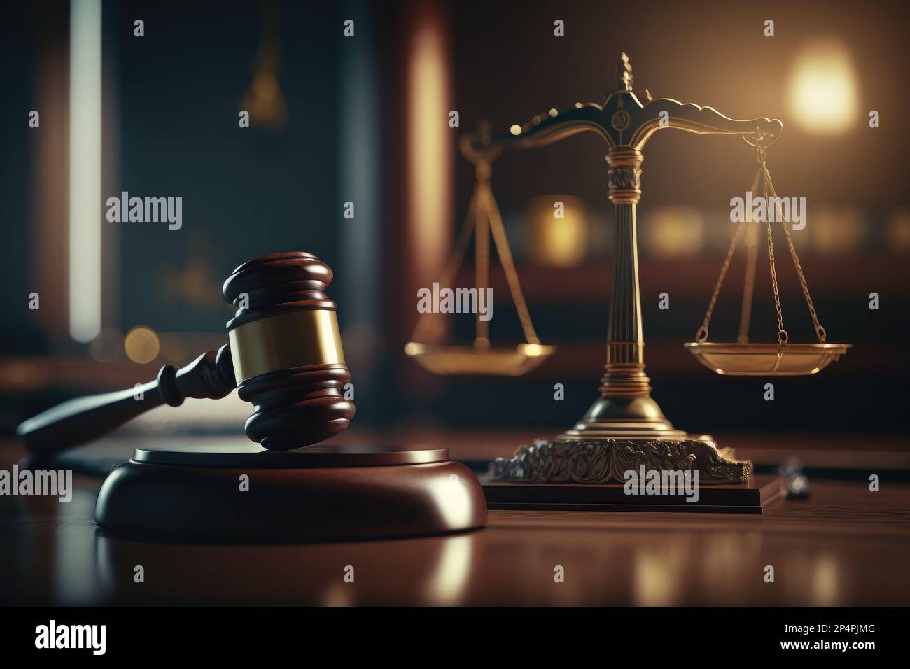 Gavel and scales of justice in law office symbolizing authority and