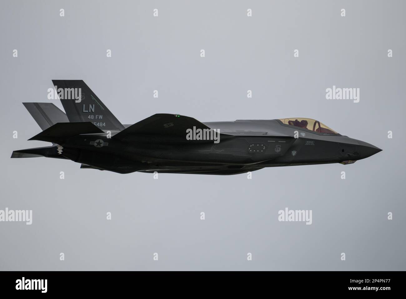 RAF Valley, Holyhead, Wales on March 2 2023. US Air Force F-35A Stealth aircraft flying Stock Photo