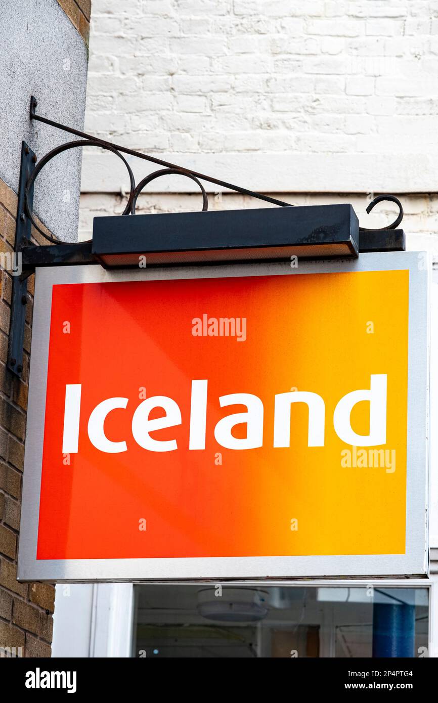 Close up of Iceland shop sign on outside wall UK Stock Photo
