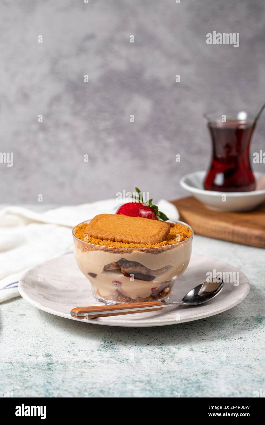 Homemade Strawberry Custard Pudding. Biscuit and strawberry dessert