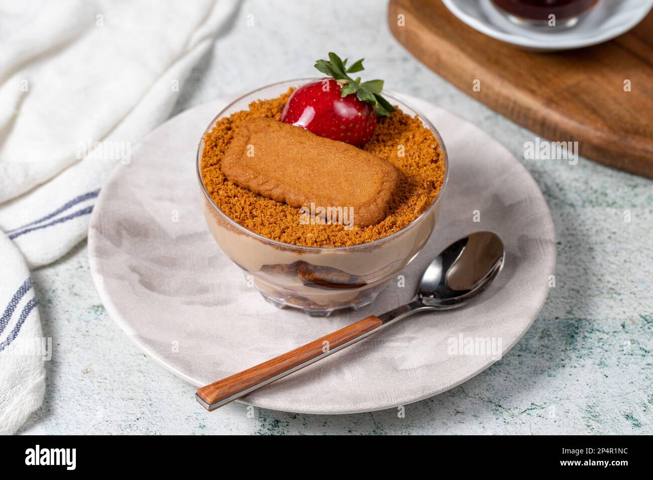 Homemade Strawberry Custard Pudding. Biscuit and strawberry dessert