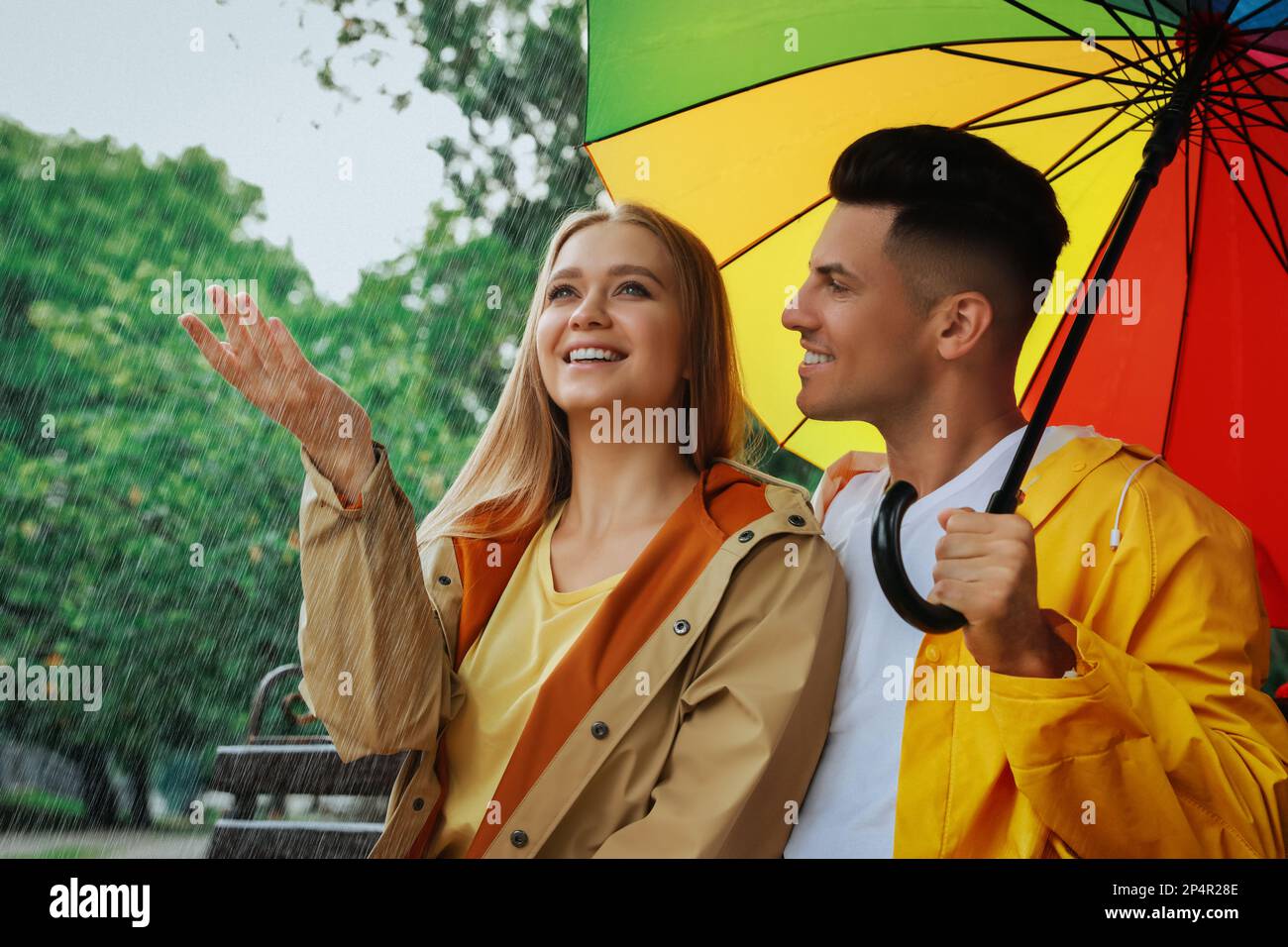 Lovely couple with umbrella under rain in park Stock Photo - Alamy