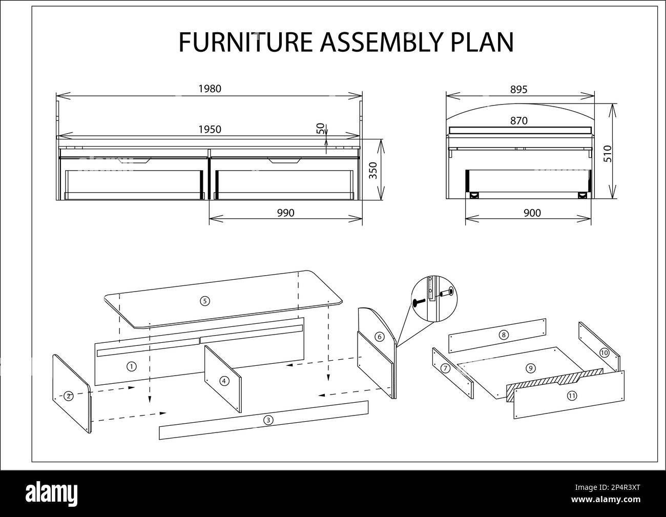 Furniture assembly plan on white background, illustration Stock Photo