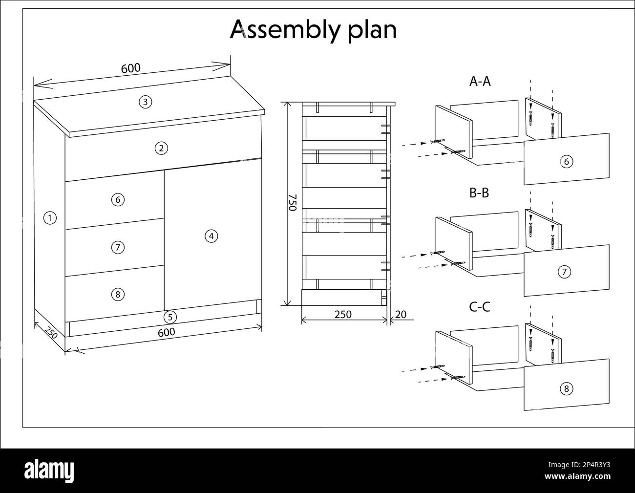 Furniture assembly plan on white background, illustration Stock Photo