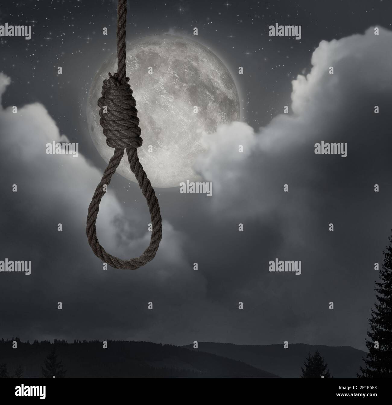 Rope noose with knot outdoors on full moon night Stock Photo