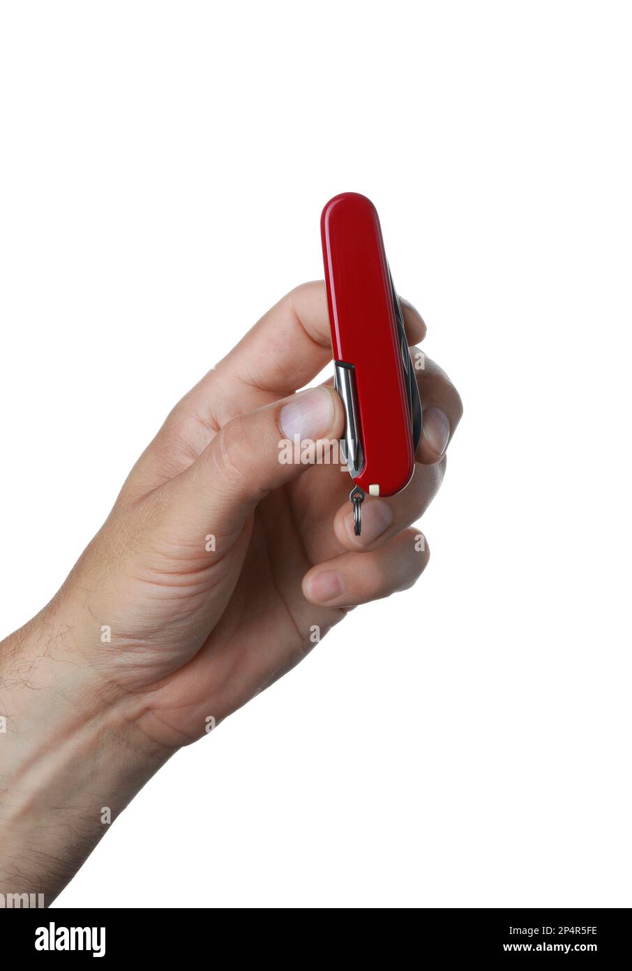 Man holding multitool on white background, closeup Stock Photo