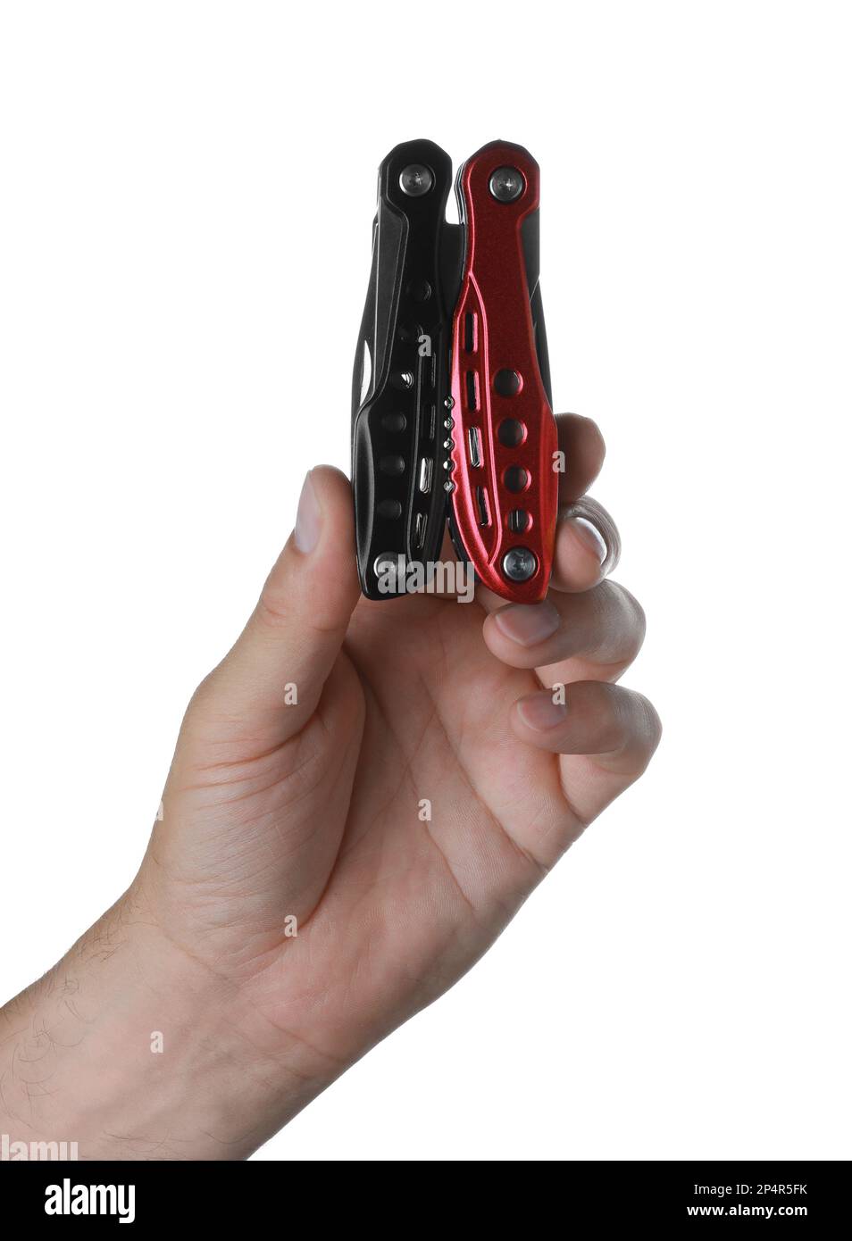 Man holding multitool on white background, closeup Stock Photo