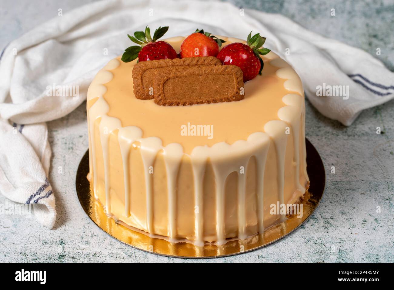 Strawberry, biscuit and white chocolate birthday cake. Chocolate