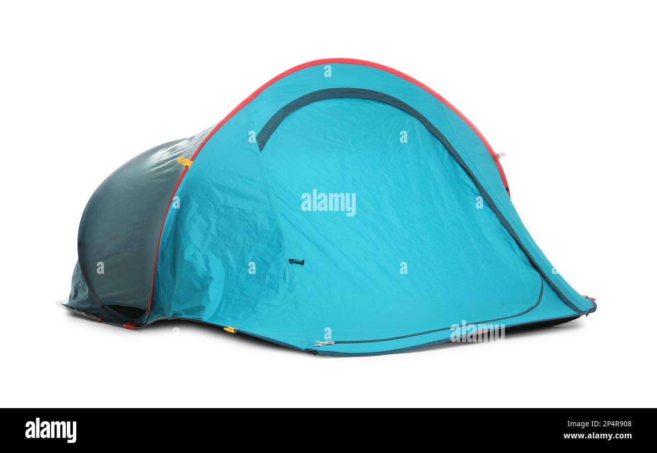 Light blue camping tent on white background Stock Photo - Alamy