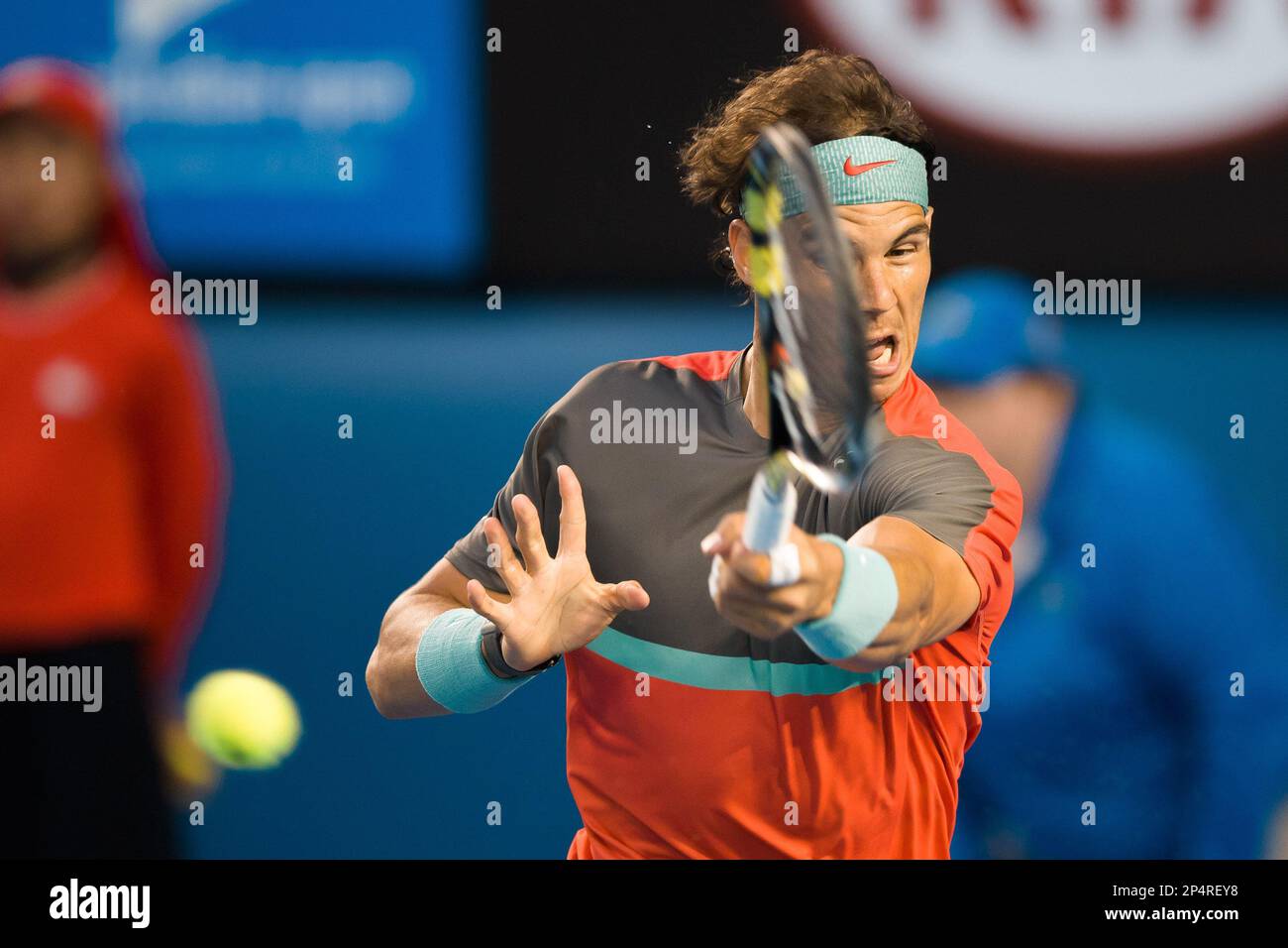 Jan. 24, 2014 - Melbourne, Victoria, Australia - January 24, 2014: 1st seed  Rafael NADAL (ESP) in action against 6th seed Roger FEDERER (SUI) in a  Semifinals match on day 12 of