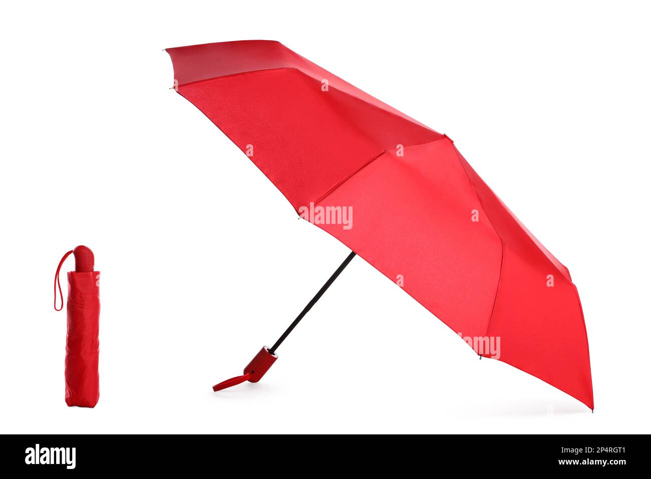 Stylish open and closed red umbrellas on white background, collage Stock Photo Alamy