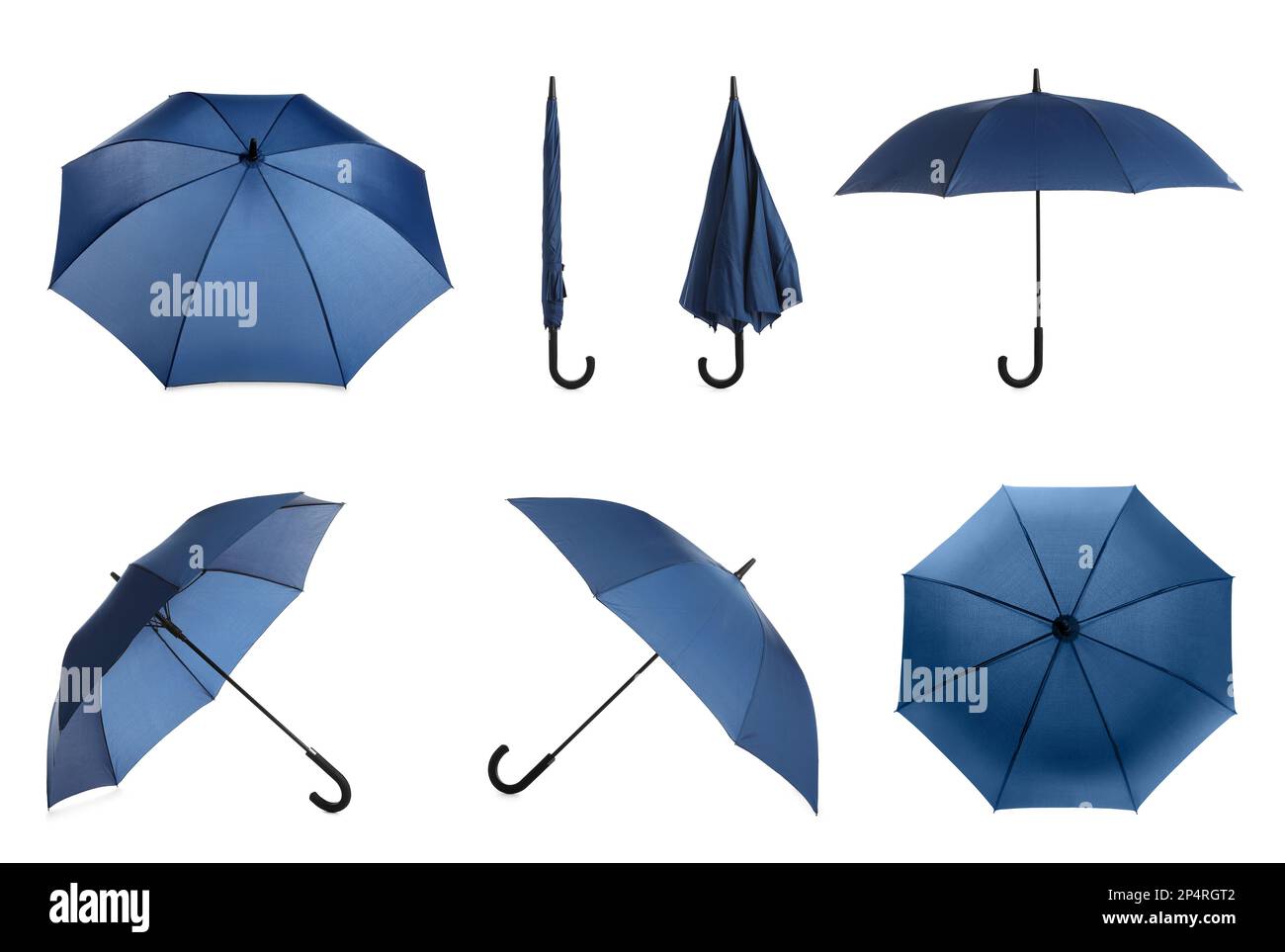 Set with stylish blue umbrellas on white background Stock Photo