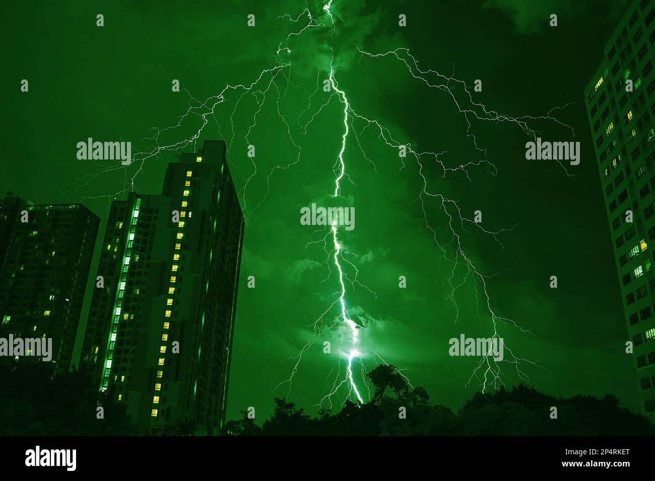 Surreal Pop Art of Incredible Lightning Strikes in Emerald Green Urban Night Sky Stock Photo
