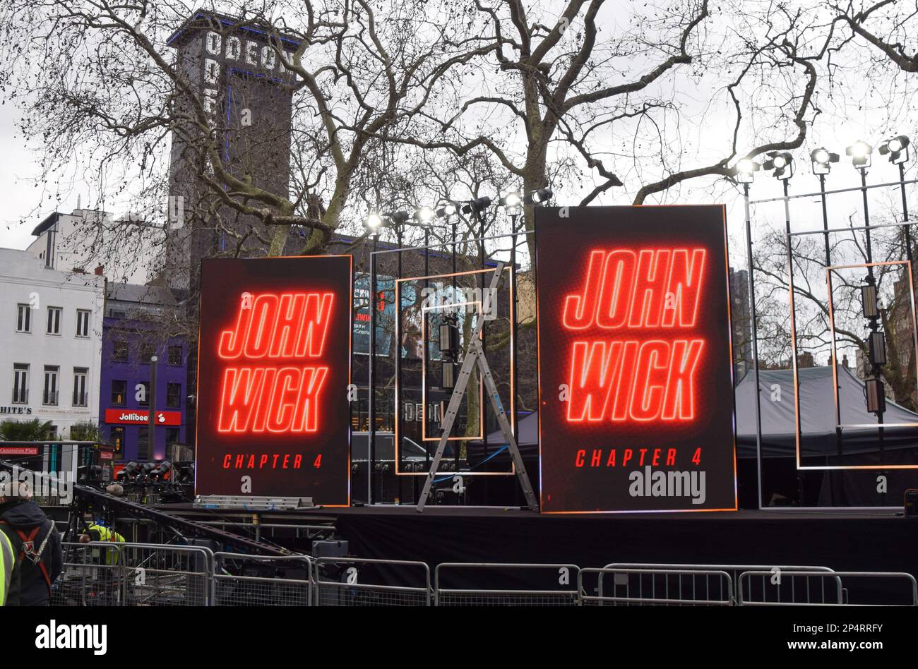 London, UK. 6th March 2023. Preparations for tonight's premiere of John Wick Chapter 4, starring Keanu Reeves, at Cineworld, Leicester Square. Credit: Vuk Valcic/Alamy Live News Stock Photo