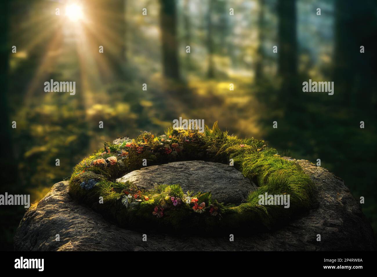 Detail mountain meadow full of flowers and flower wreath. Digital art. Stock Photo