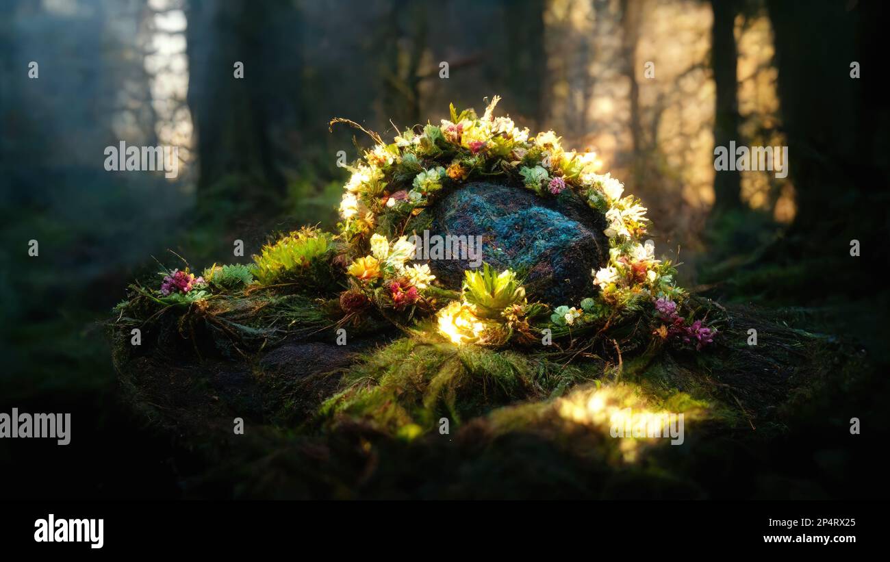 Detail mountain meadow full of flowers and flower wreath. Digital art. Stock Photo