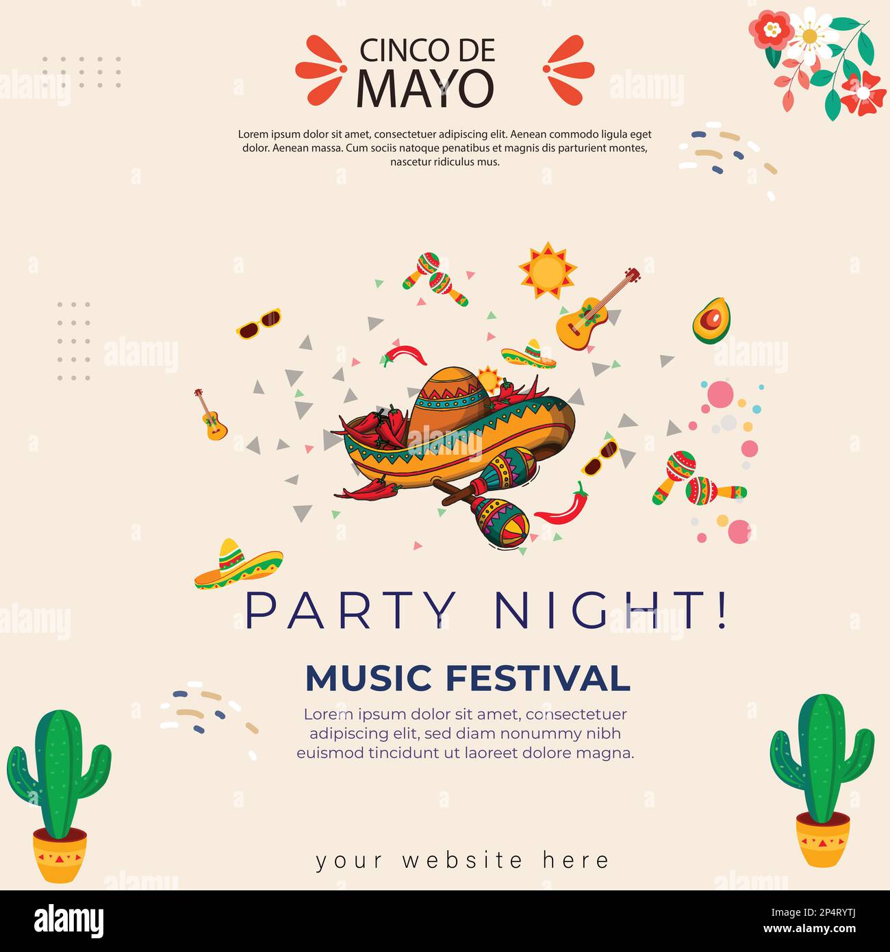 Cinco de Mayo - May 5, Music Festival in Mexico. with flags, flowers, decorations Stock Vector