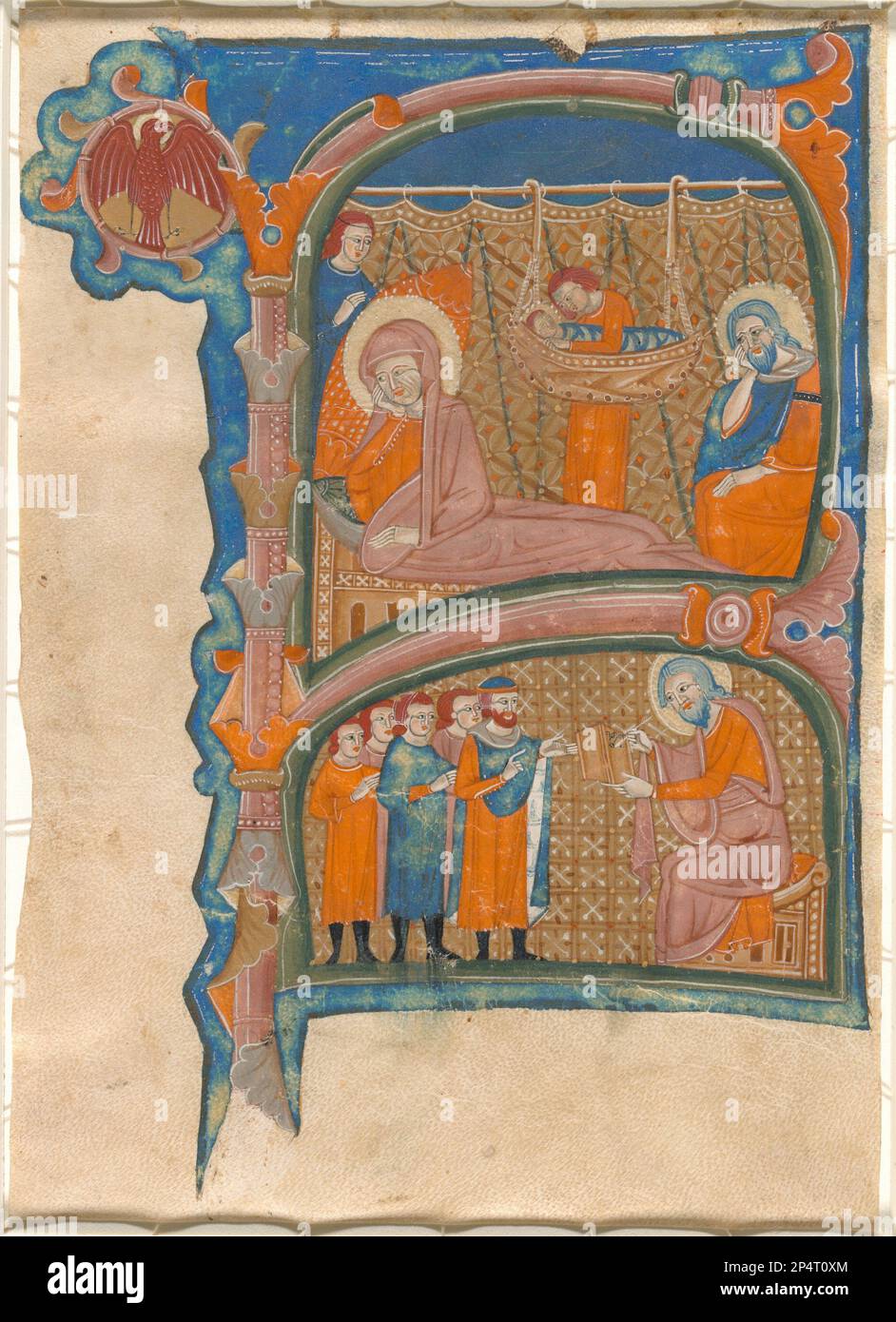 Italian 13th Century  Birth and Naming of John the Baptist, late 13th century Initial F from a Choir Book -  miniature on vellum Stock Photo