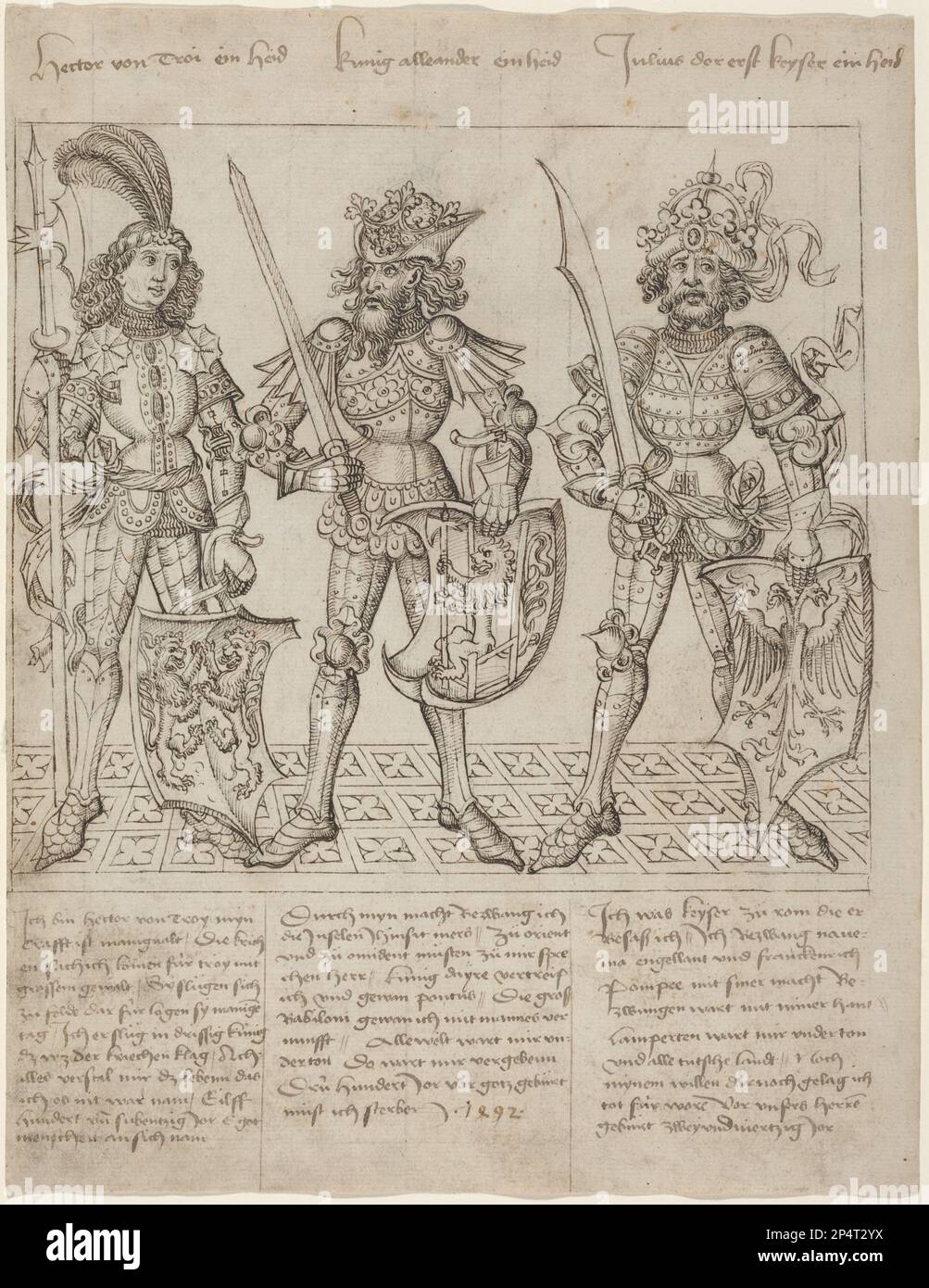 Hector of Troy, Alexander the Great and Julius Caesar, 1492  The Nine Worthies pen and black ink on laid paper ruled in leadpoint Stock Photo