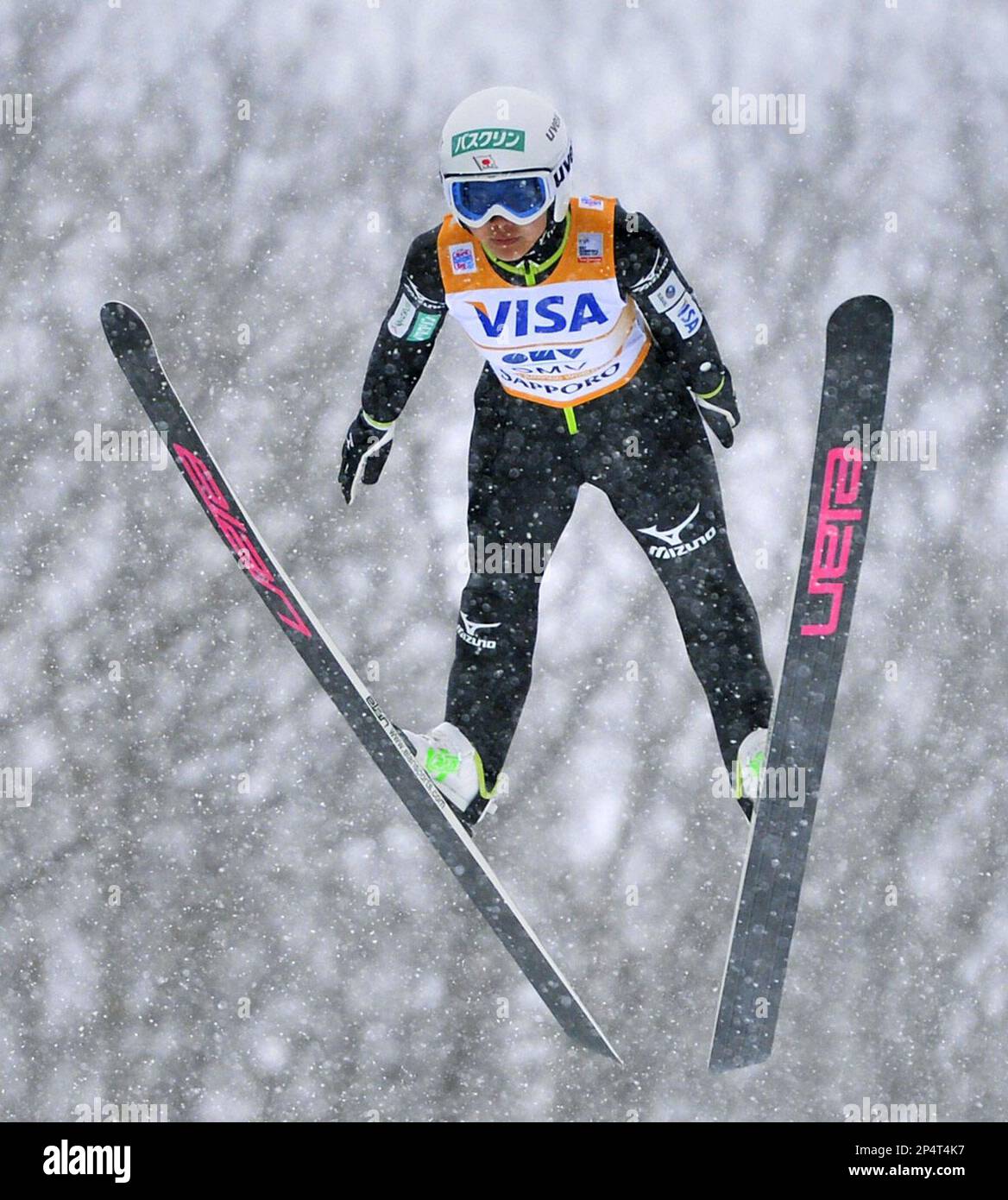 Japans Sara Takanashi makes her jump in the womens ski jump World Cup event in Sapporo, northern Japan, Saturday, Jan