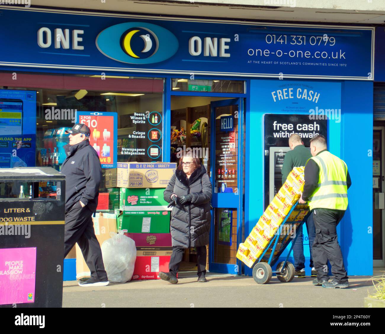 Glasgow, Scotland, UK 6th March, 2023. UK Weather:  Sunny start saw happier locals as the streets filled in the spring weather before the forecast return of winter, One O One Off Licence - Cambridge Street stocks up for sunny weather.  Credit Gerard Ferry/Alamy Live News Stock Photo