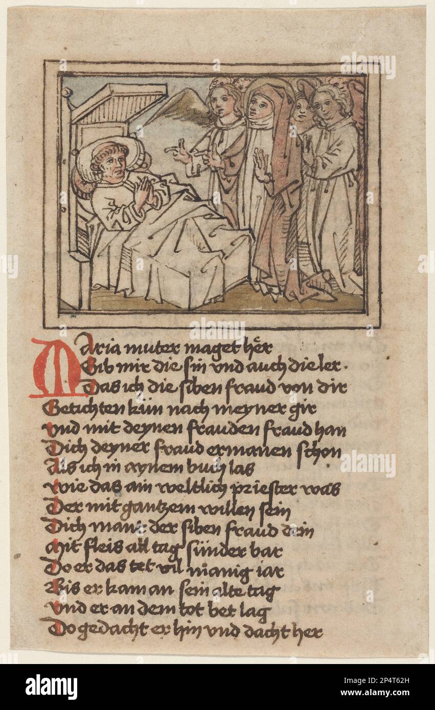 German 15th Century (Augsburg)  The Virgin Appearing to a Dying Priest, 1470s  pen and ink with watercolor on laid paper Stock Photo