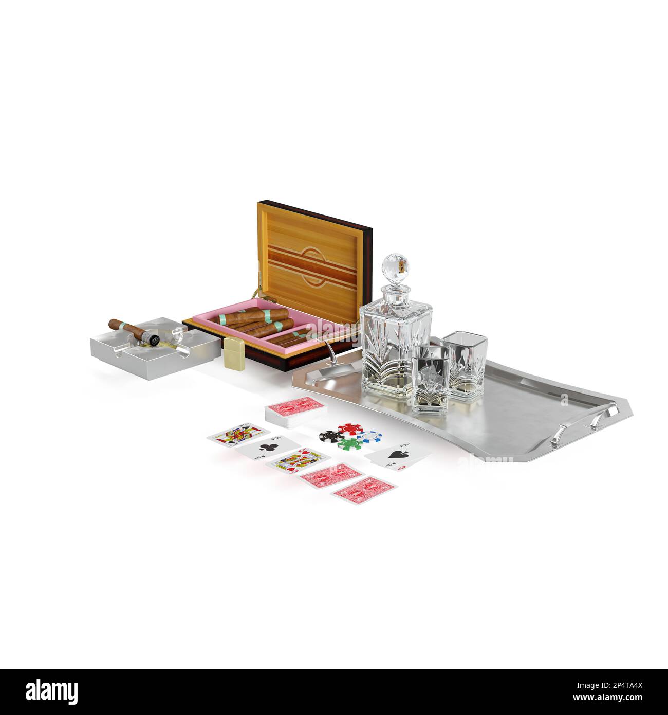 A 3D rendering of a cigar box near poker cards and chips with luxury drinking glasses Stock Photo
