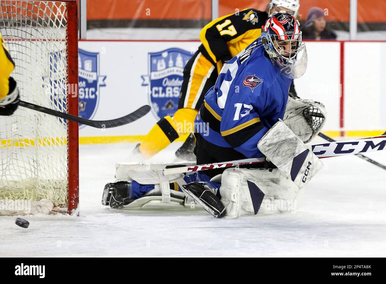 CLEVELAND, OH MARCH 04 The puck gets past Cleveland Monsters goalie