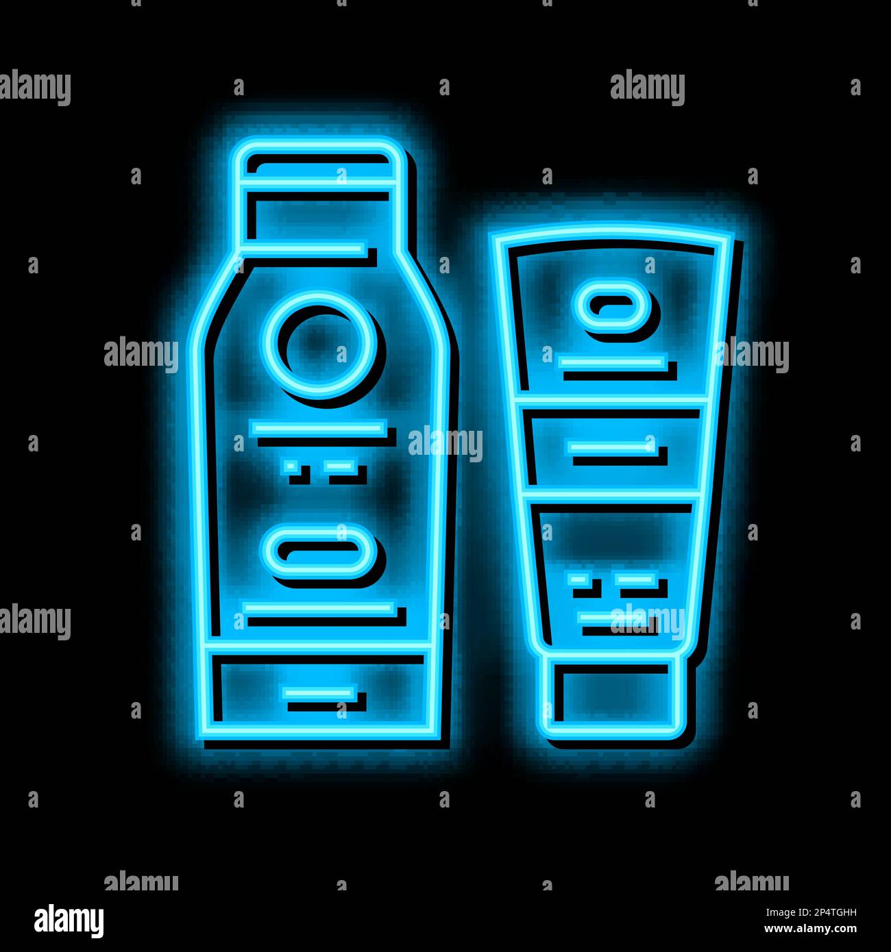 after sun cream tube and bottle neon glow icon illustration Stock Vector