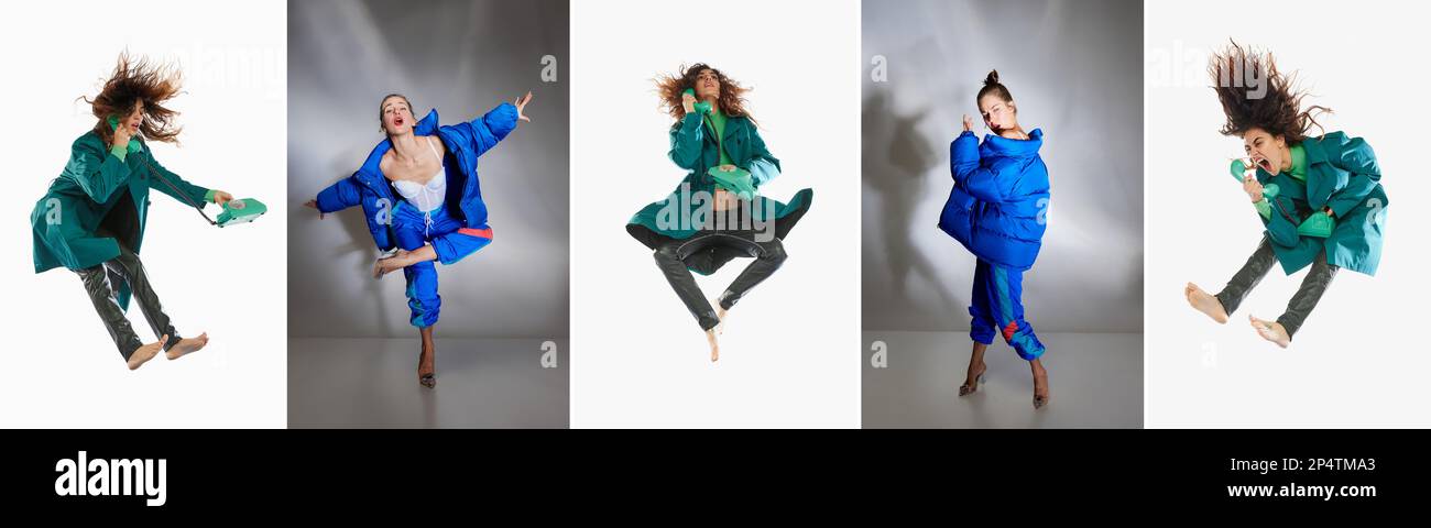 Collage. Young women in bright stylish clothes in motion over grey background. Concept of modern 