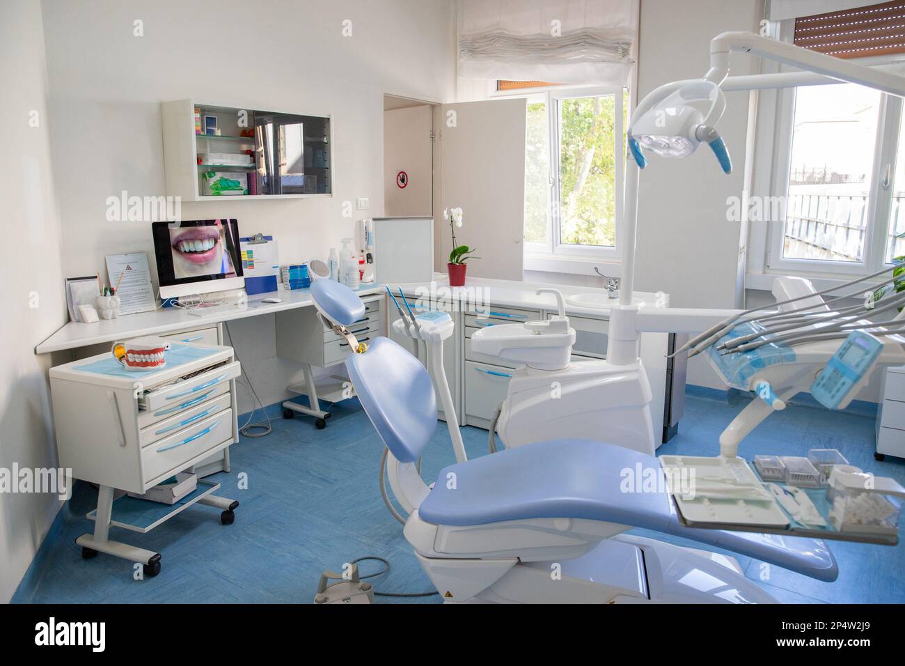 Panoramic photo of a dental office with all the work tools. Stock Photo