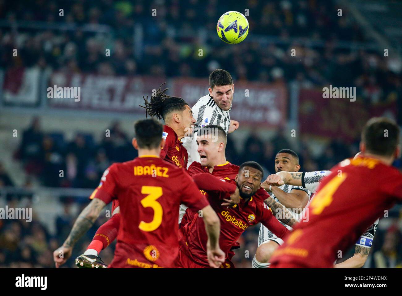 during the Serie A football match between AS Roma and Juventus at the Olimpico Stadium Rome, centre Italy, on Marzo 05, 2023. Stock Photo
